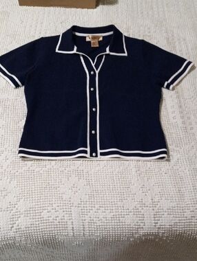 Bailey 44 Navy Short Sleeve Knit Cardigan with White Trim Sz.L